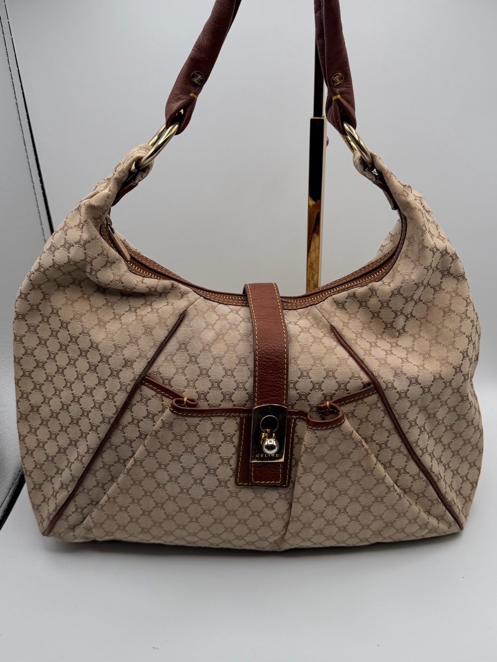 Celine beige and Brown Patterned Hobo Bag - Designer Style